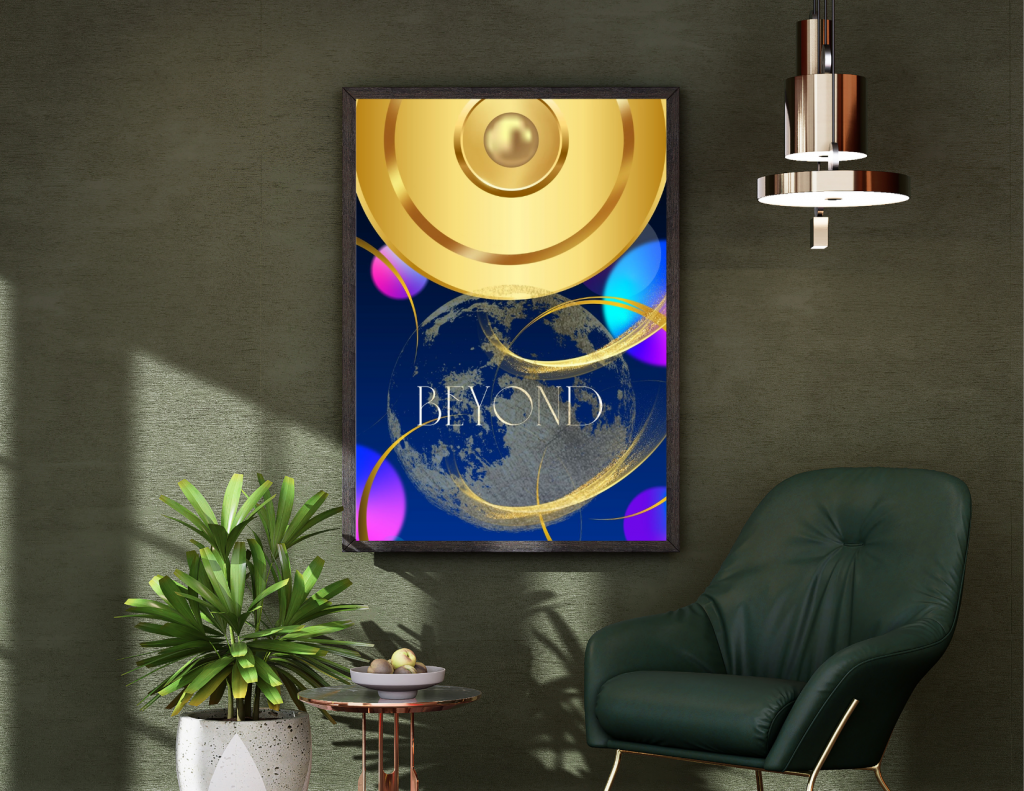 "Beyond Balance: Golden & Blue Orb 3 Prints Digital Art Set