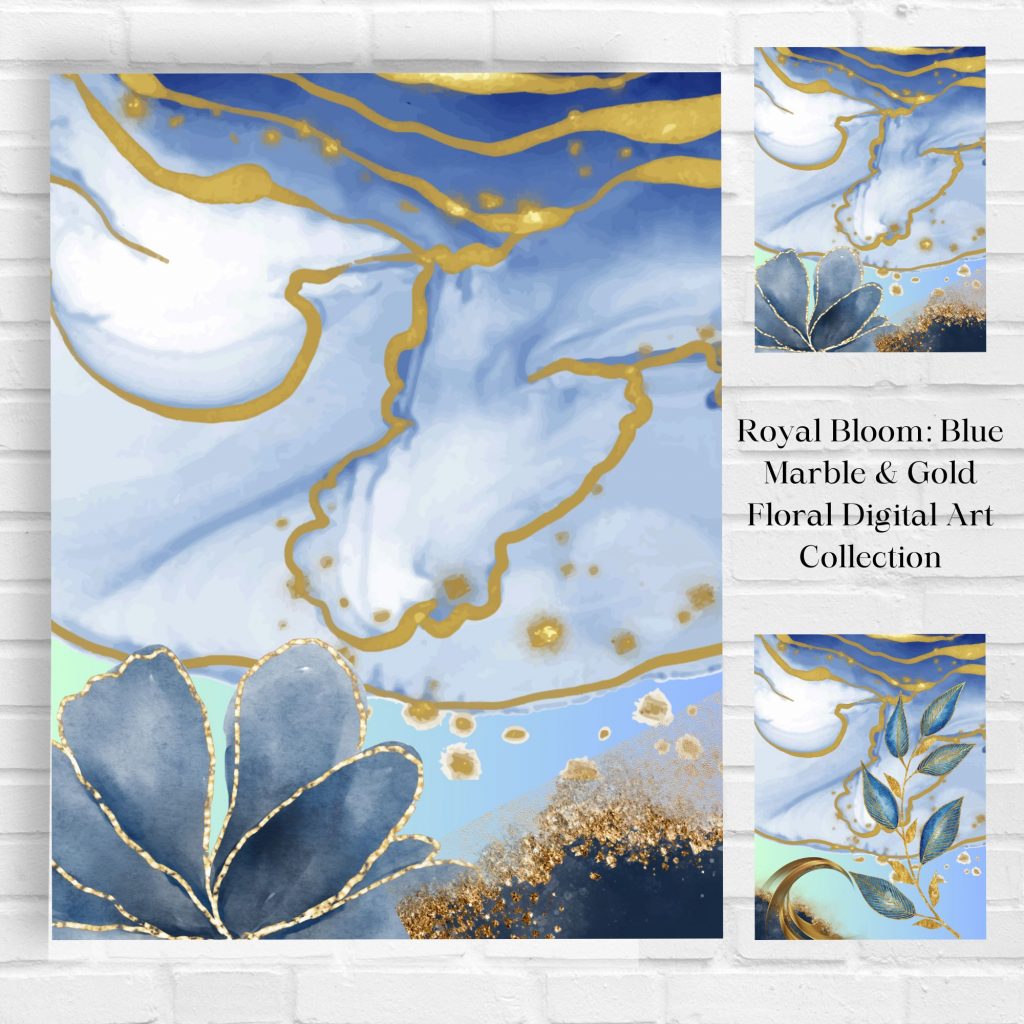 Royal Bloom: Blue Marble & Gold Floral Digital Art Collection