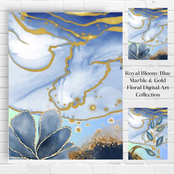 Royal Bloom: Blue Marble & Gold Floral Digital Art Collection