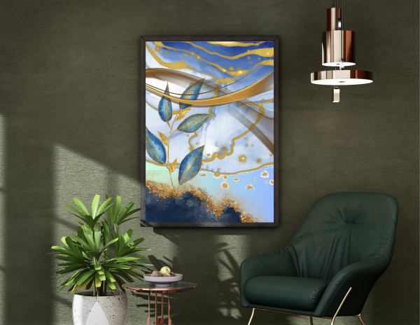 Royal Bloom: Blue Marble & Gold Floral Digital Art Collection - Image 2