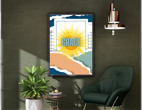 "GlowEnchanted digital affirmation artwork featuring Grace, Glow & Purpose with golden sunshine and blush blue abstract design."