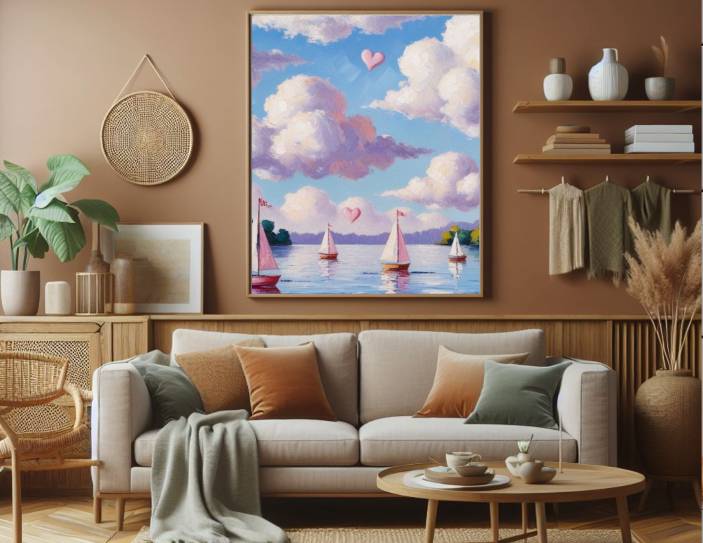 Dreamy Cloudy Lakefront Wall Art – Sailboats & Hearts Romantic Digital Decor (3 Prints Set)