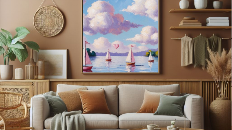 Hearts and Clouds Lakefront Wall Art with Sailboats – Romantic Digital Print
