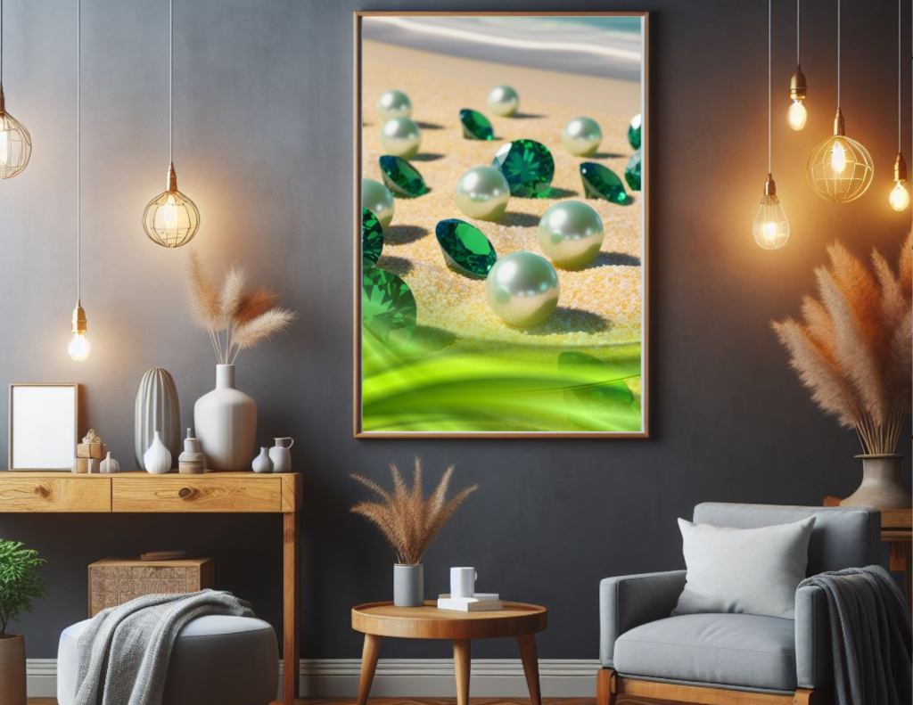 Green Emerald Diamonds and Pearls Wall Art – Sunset Beach Digital 3 Print Set