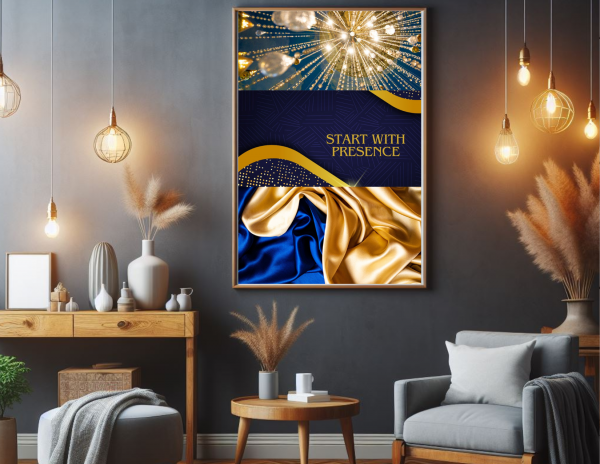 Elegant navy and gold digital wall art set featuring three motivational quotes: Progress Over Perfection, Start With Presence, and Energy Meets Intention"