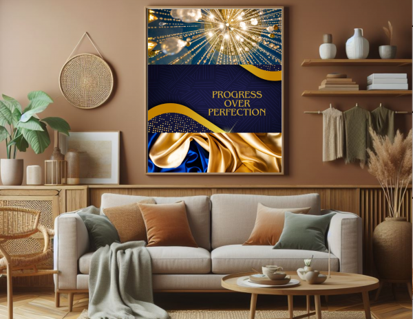 Elegant navy and gold digital wall art set featuring three motivational quotes: Progress Over Perfection, Start With Presence, and Energy Meets Intention"