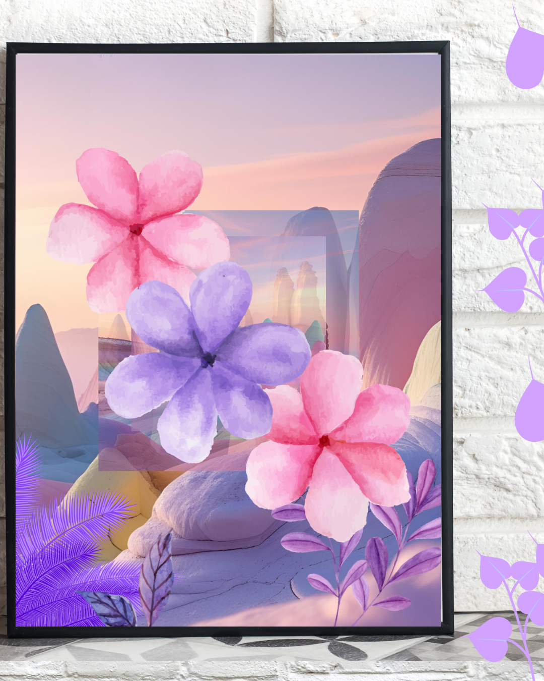 desert landscape with surreal mirrored effect and ethereal plant details.
