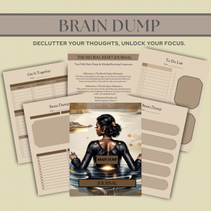Brain dump digital journal cover featuring 38 pages of priority worksheets, mindset affirmations, gratitude practices, and mental clarity tools for productivity and emotional wellness"