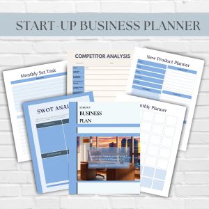 "Startup Business Plan Digital Journal cover showing organized business planning templates, financial trackers, SWOT analysis worksheets, and entrepreneur planning tools for launching successful businesses