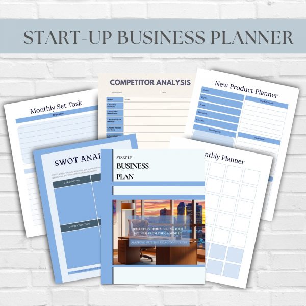 "Startup Business Plan Digital Journal cover showing organized business planning templates, financial trackers, SWOT analysis worksheets, and entrepreneur planning tools for launching successful businesses
