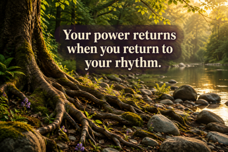 Tree roots beside a peaceful sunlit river with the quote, “Your power returns when you return to your rhythm.”