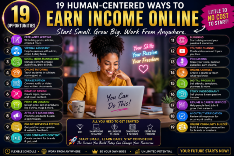 19 human-centered ways to earn income online infographic featuring a woman working on a laptop surrounded by beginner-friendly digital income and side hustle opportunities.