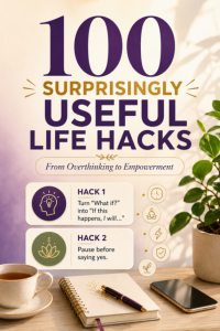 Graphic for 100 useful life hacks covering focus, energy, time, money, safety, and personal growth