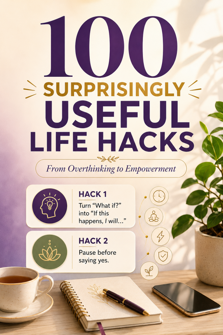Graphic for 100 useful life hacks covering focus, energy, time, money, safety, and personal growth