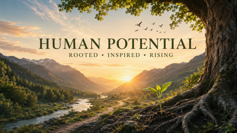 Sunrise over a mountain valley with a rooted tree, young seedling, winding river, rising birds, and the words Human Potential, Rooted, Inspired, Rising.