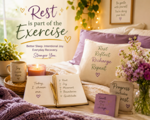 Joyful wellness scene illustrating rest, better sleep, intentional joy, reflection, and recovery as part of a healthy lifestyle.