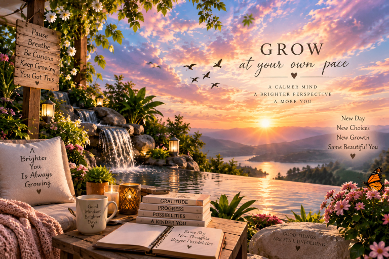 Peaceful sunrise garden with a flowing waterfall, flowers, journal, mountain lake, and encouraging growth mindset messages about curiosity, mindfulness, and personal development.