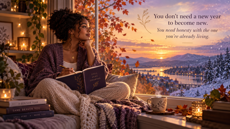 A thoughtful Black woman journaling beside a cozy window at golden hour, surrounded by warm lights, autumn leaves, and falling snow, symbolizing self-reflection, personal growth, and new beginnings.
